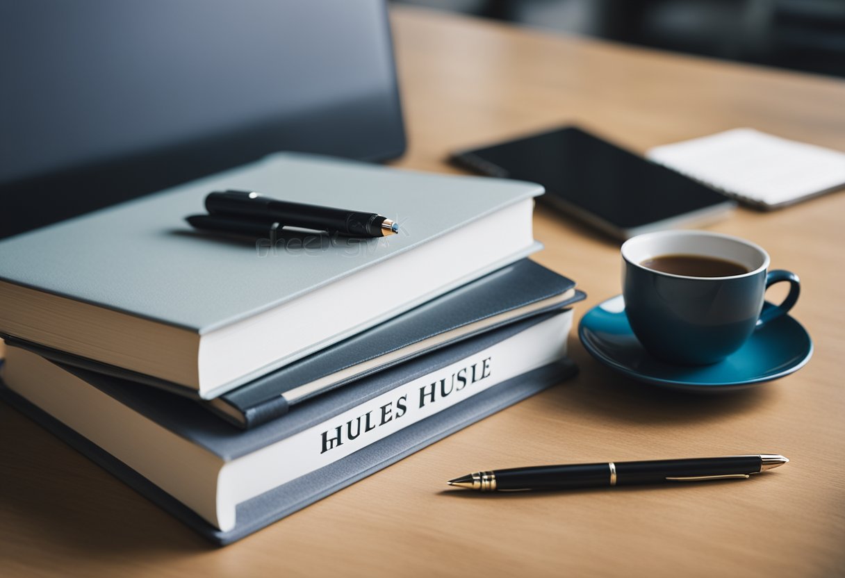 A desk with a laptop, notebook, and pen. A stack of books on side hustle and business. A "Frequently Asked Questions" sign