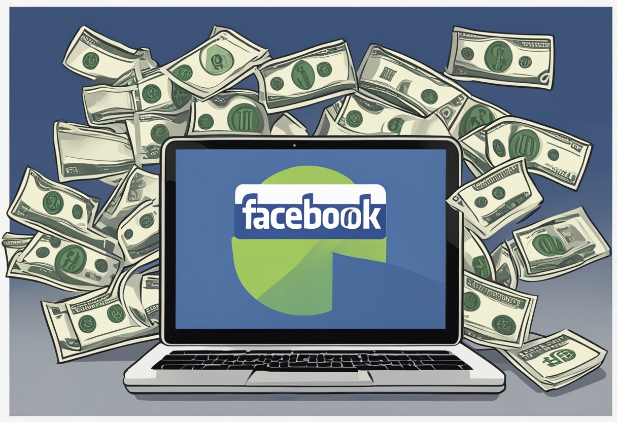 A laptop with a Facebook page open, surrounded by dollar signs and a "monetize" button