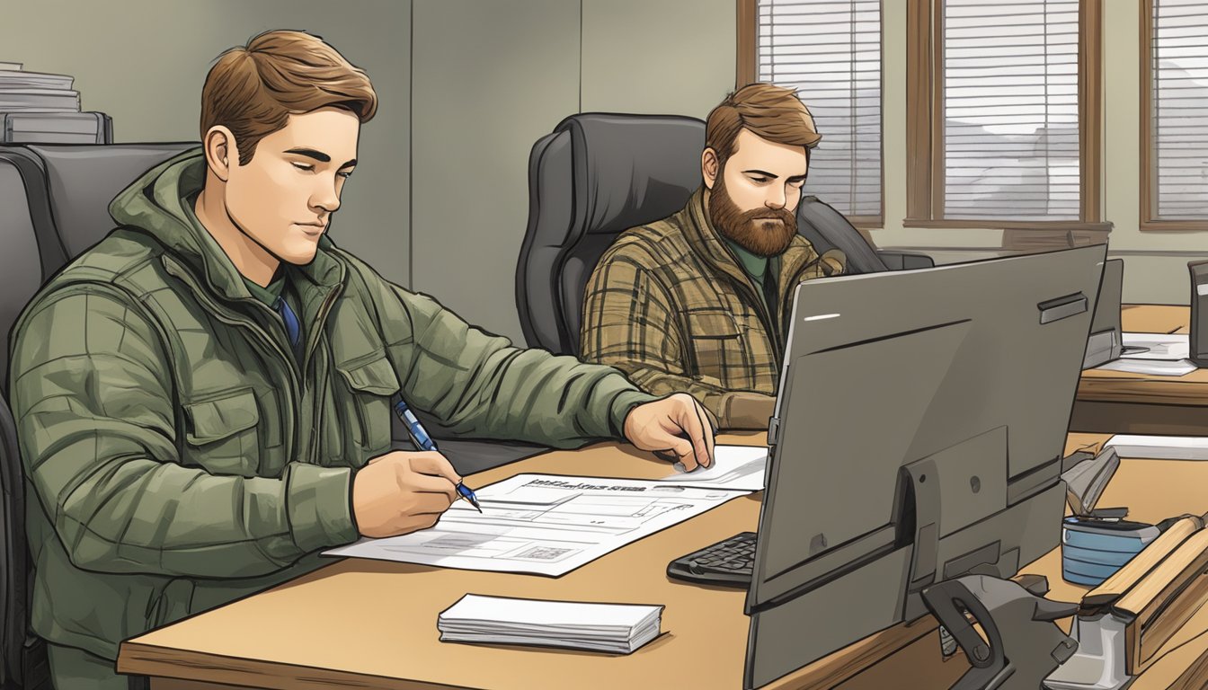 A hunter filling out a hunting license application at a North Dakota Department of Game and Fish office