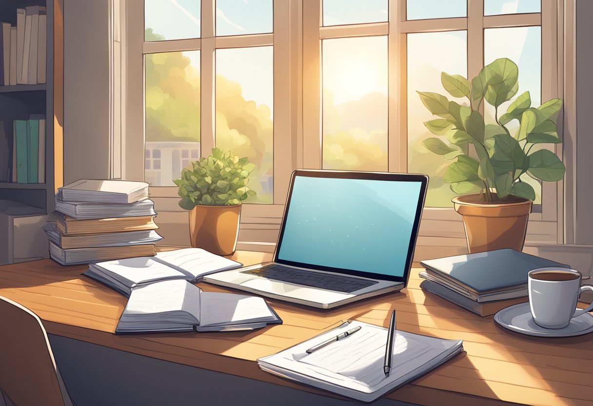 A cozy home office with a laptop, planner, and phone on the desk. A stack of books on personal finance and a cup of coffee sit nearby. Sunlight streams through the window