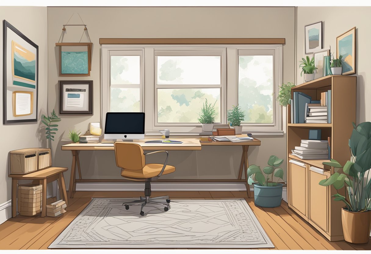 A cozy home office with a desk, computer, and art supplies. A bulletin board displays lists of skills and interests. A calendar marks important dates