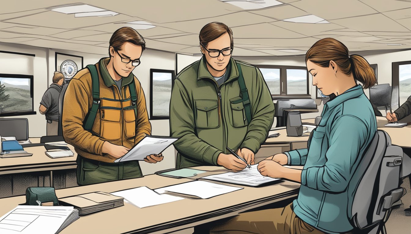 A person filling out a hunting license application at a South Dakota Department of Game, Fish and Parks office