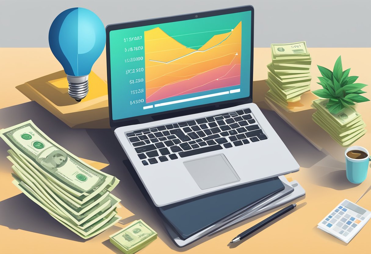 A laptop on a desk with a stack of money, a lightbulb, and a chart showing upward growth