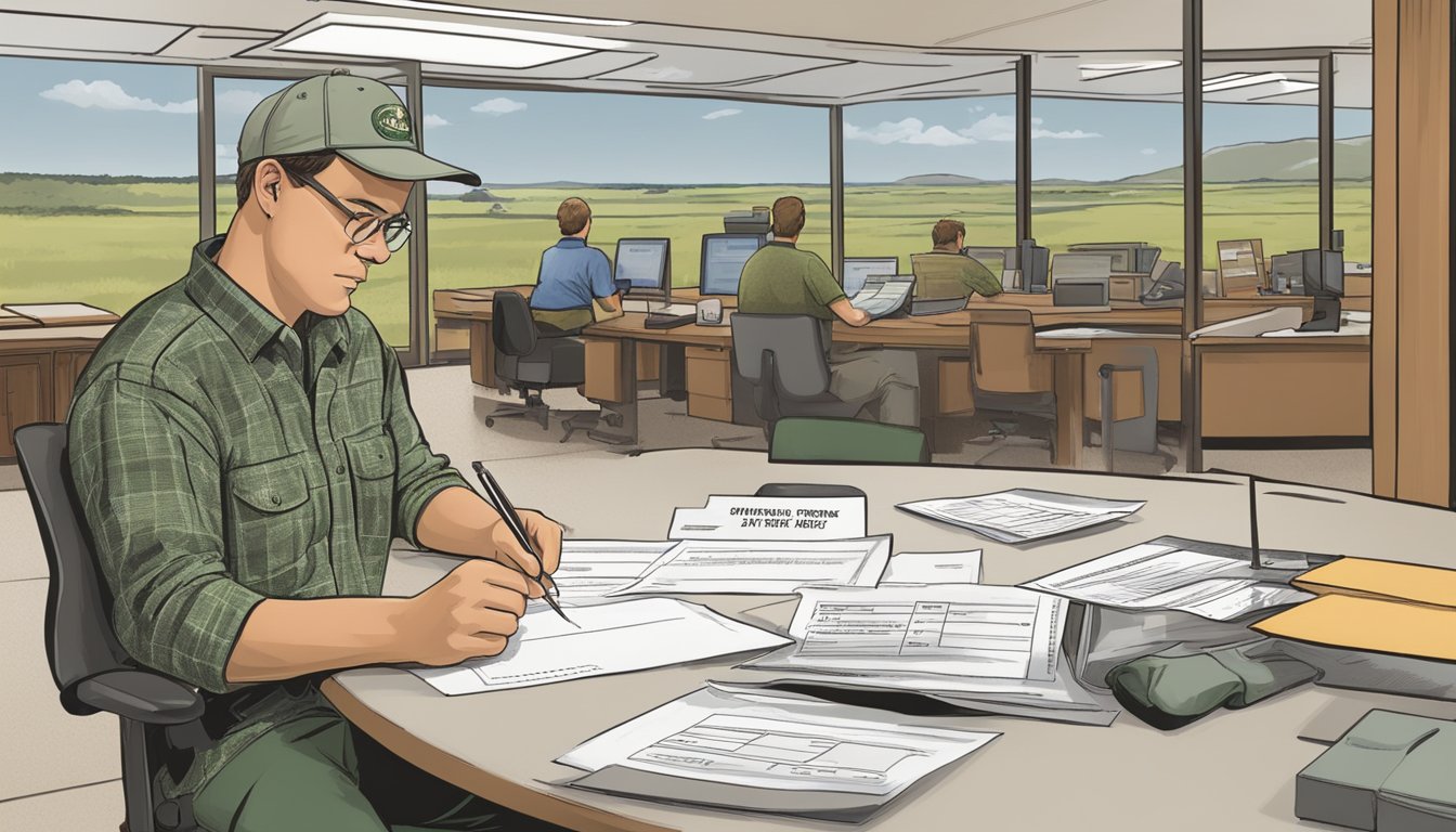 A person filling out a hunting license application at a South Dakota Department of Game, Fish, and Parks office