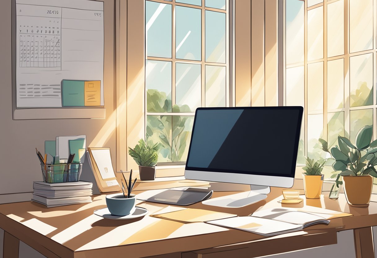 A cozy home office with a laptop, notebook, and pen on a desk. A calendar and vision board hang on the wall. Sunshine streams through a window