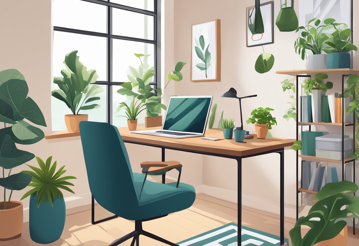 A cozy home office with a laptop, desk, and comfortable chair surrounded by plants and natural light, creating a peaceful and productive atmosphere for remote work