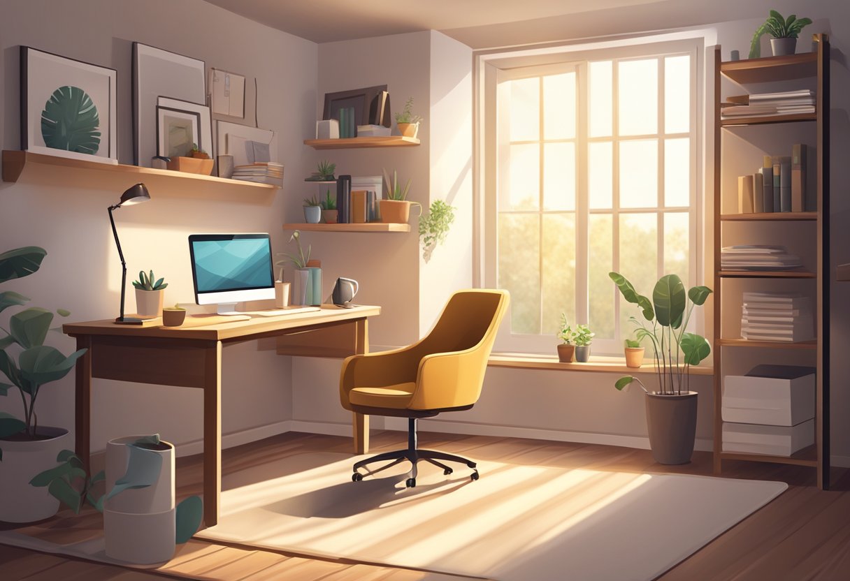 A cozy home office with a laptop, desk, and chair. A shelf displays small business products. Sunlight streams through a window