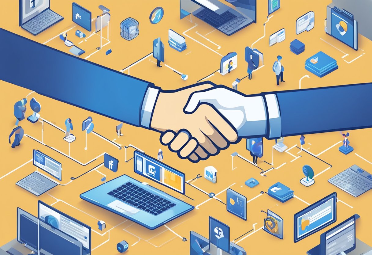 A person shaking hands with a Facebook logo, surrounded by various business symbols and icons representing partnerships and monetization