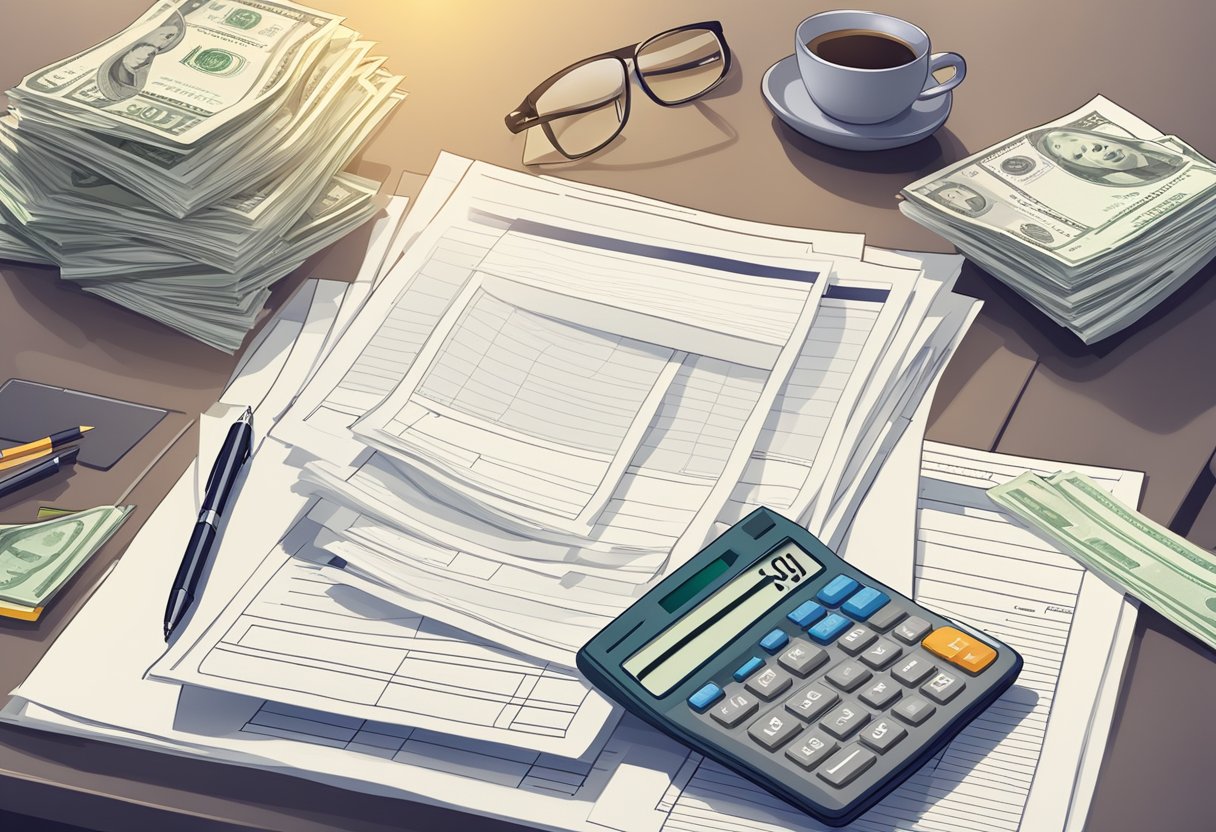 A stack of money and legal documents on a desk, with a calculator and pen