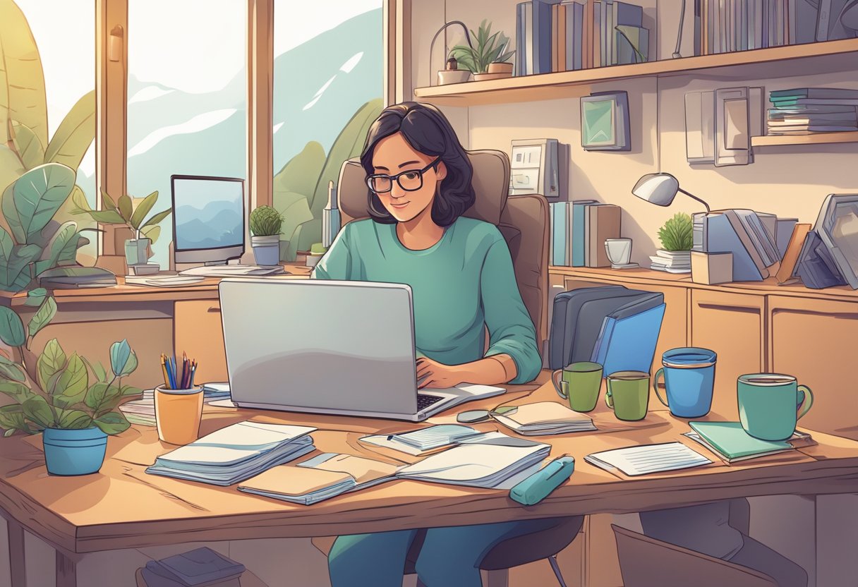 A cozy home office with a laptop, phone, and paperwork scattered on a desk. A mother multitasks while caring for her children