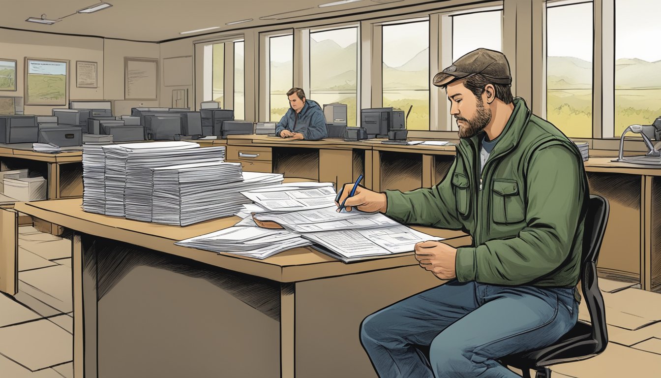 A hunter filling out paperwork at a South Dakota Department of Game, Fish, and Parks office