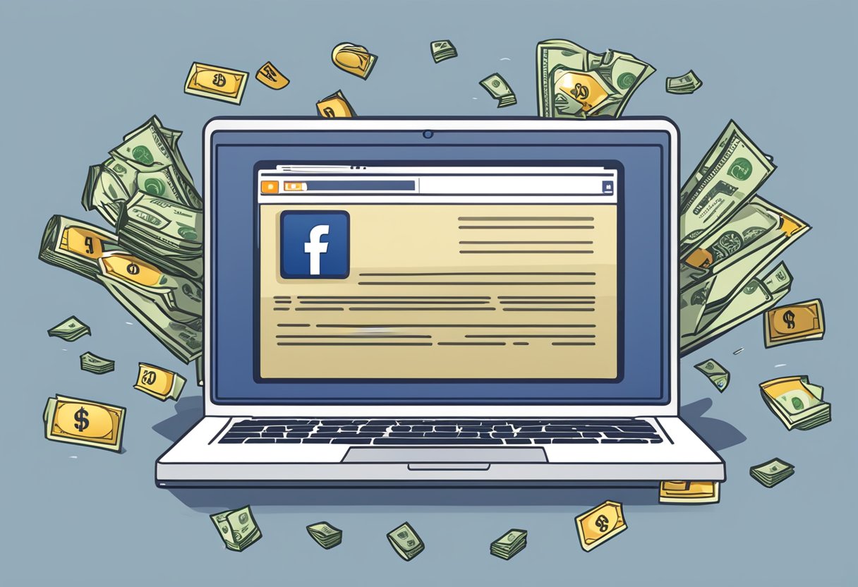 A laptop with a Facebook page open, surrounded by dollar signs and money symbols