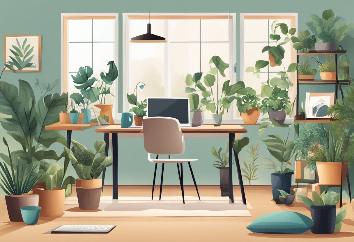 A cozy home office with a laptop, notebook, and pen surrounded by plants and family photos. A mother works on freelance projects while her children play nearby