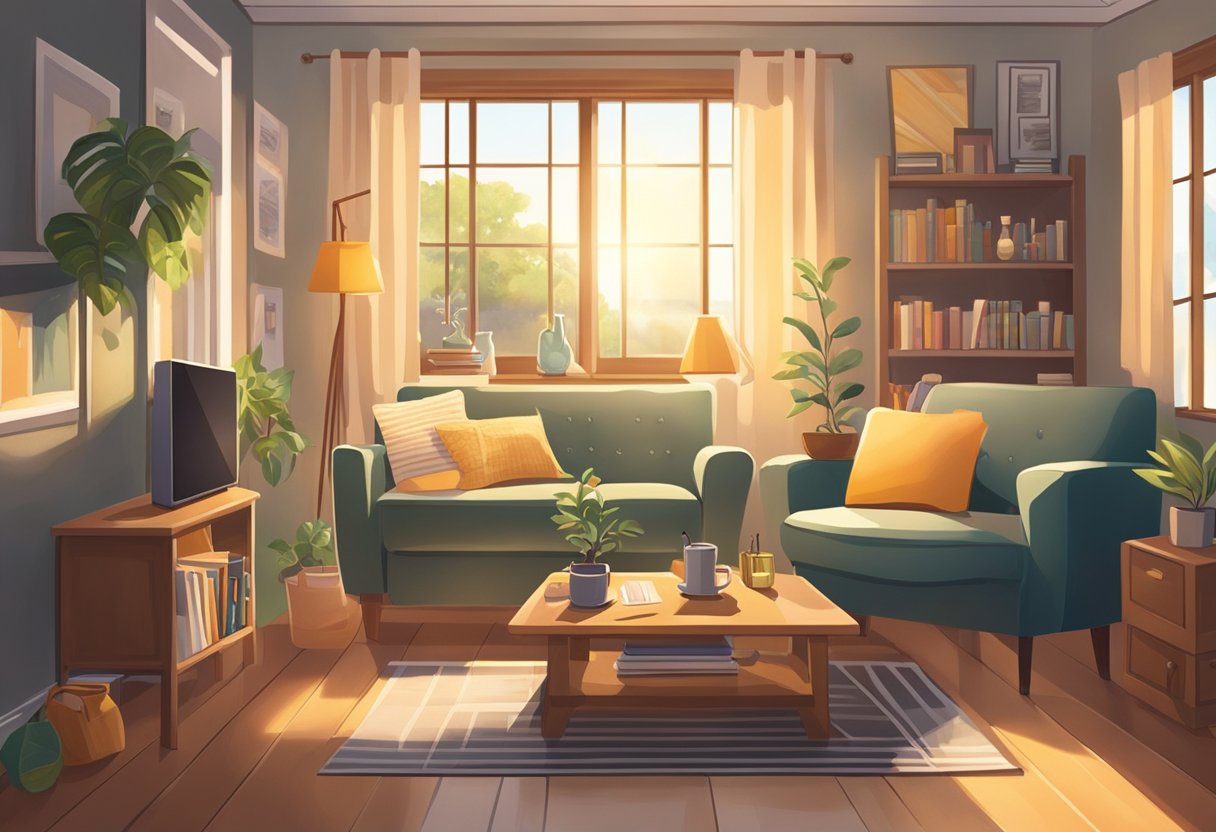 A cozy living room with a laptop, shipping supplies, and various items for sale displayed on a table. Sunlight streams in through the window, creating a warm and inviting atmosphere