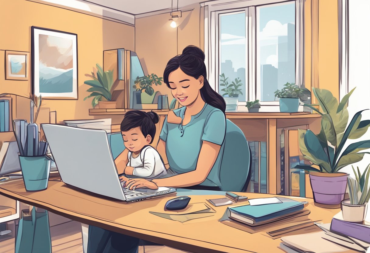 A cozy home office with a laptop, notebook, and pen. A mother multitasking while caring for her children in the background