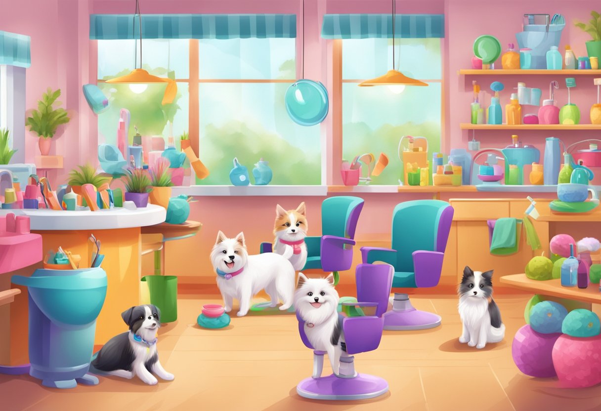 A cozy pet grooming salon with colorful toys, grooming tools, and happy pets getting pampered by attentive staff