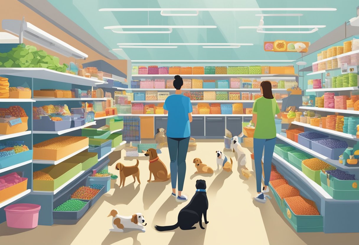 A bustling pet store with rows of colorful toys, shelves of premium pet food, and a grooming station in the corner. Customers chat with knowledgeable staff while dogs wag their tails in excitement