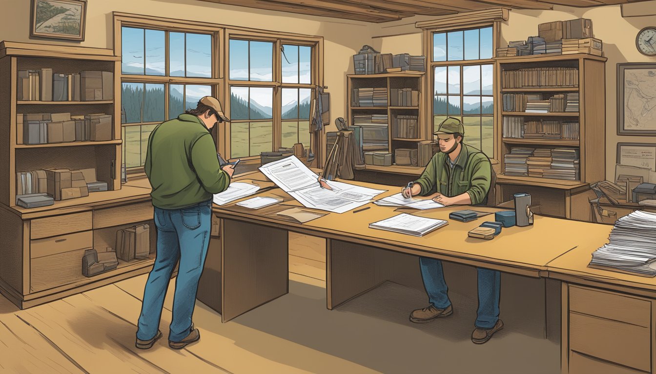 A person standing at a desk, filling out paperwork with a pen, while a knowledgeable guide explains the process of obtaining specific hunting licenses and tags in Oregon