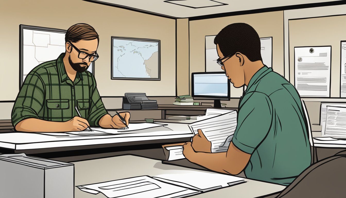 A person filling out a hunting license application at a Tennessee wildlife agency office, with a helpful staff member guiding them through the process