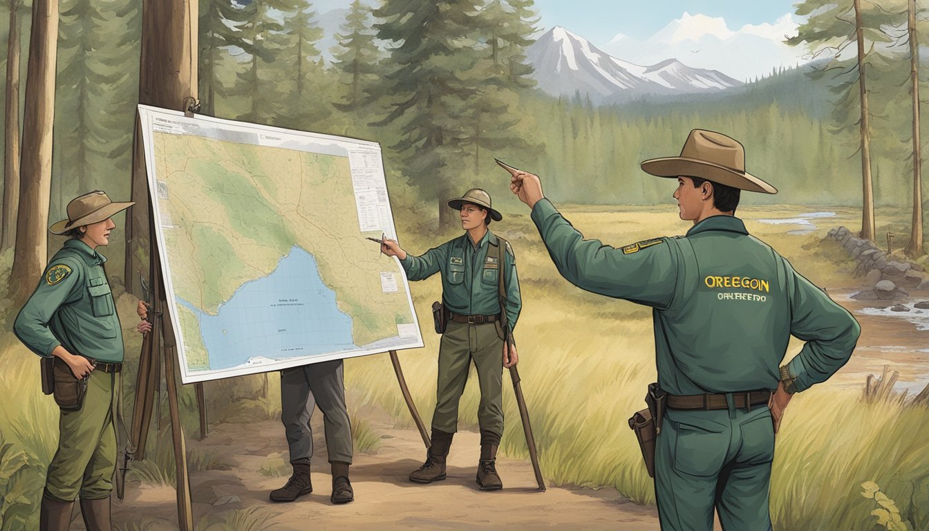 A ranger in uniform assists a group of visitors at a wildlife conservation center, pointing to a large map of Oregon with hunting license information