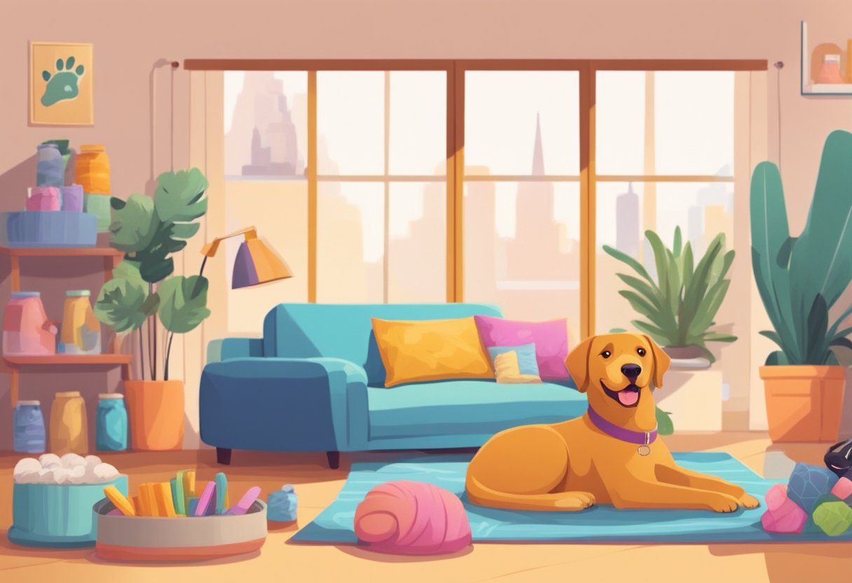 A cheerful dog with a wagging tail stands next to a colorful display of pet products, while a happy cat sits in a cozy bed nearby