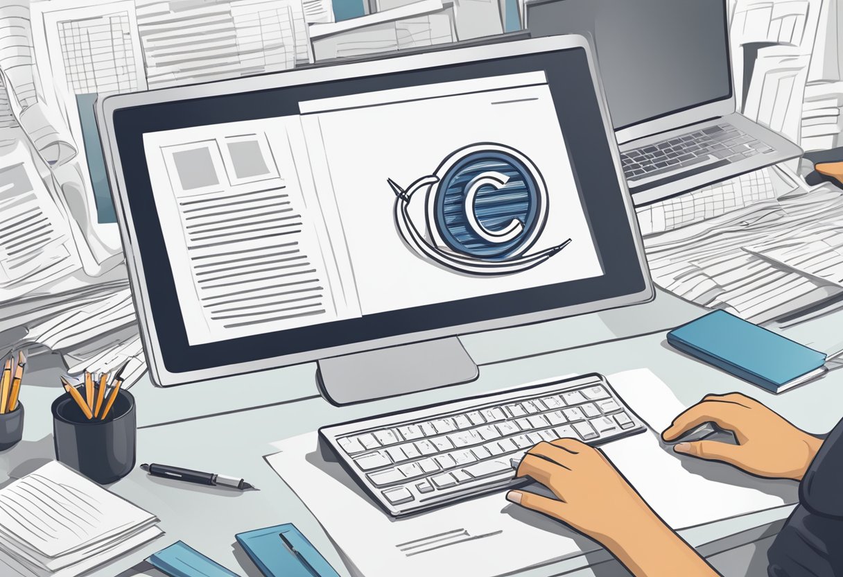 A hand drawing a unique logo, surrounded by legal documents and a computer with copyright symbol displayed on the screen