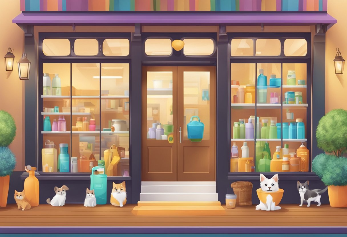 A variety of pet-related items and services, such as grooming tools, pet accessories, and pet care products, displayed in a vibrant and inviting storefront