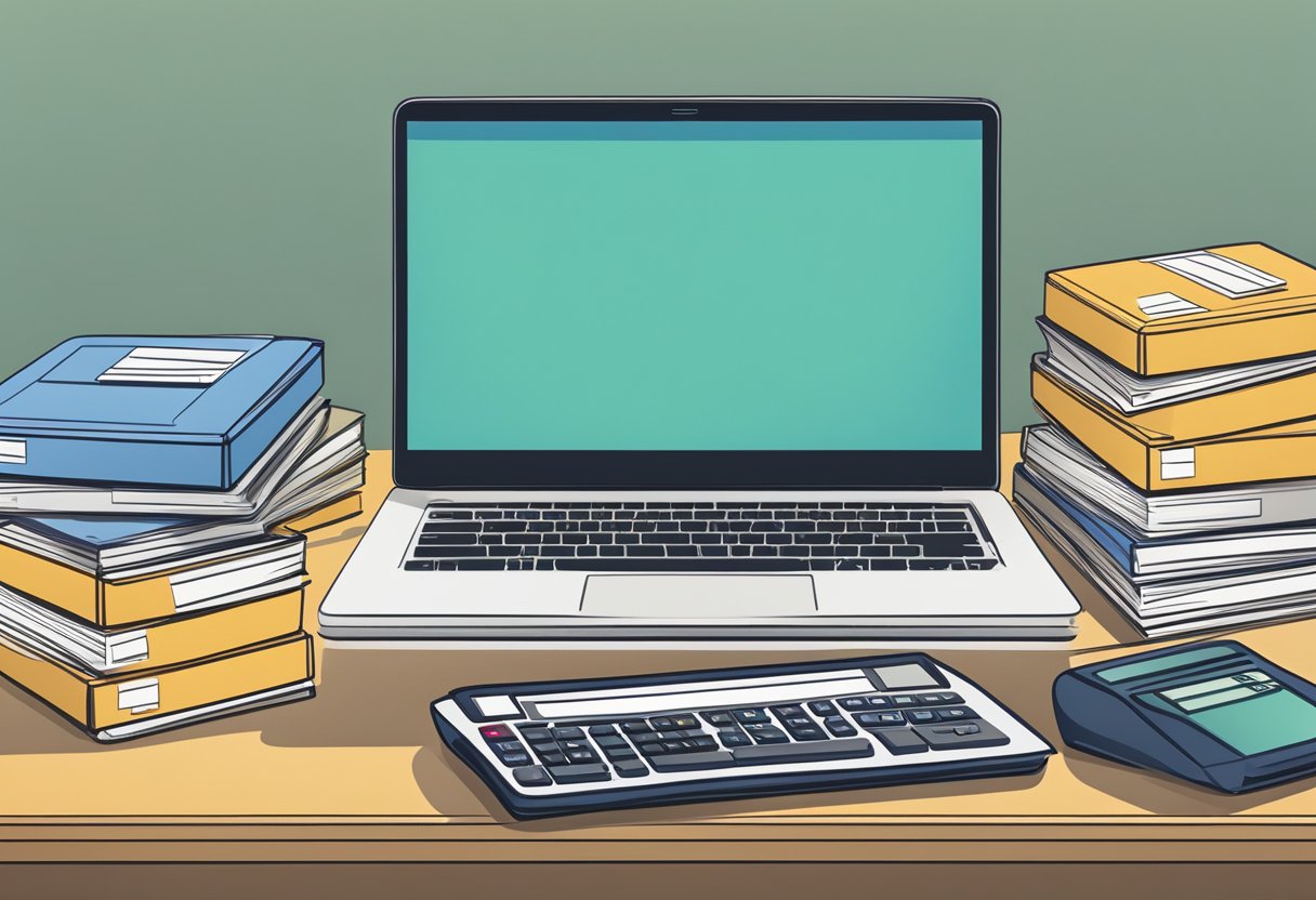 A laptop on a desk with a calculator, notepad, and pen. A stack of shipping boxes in the background