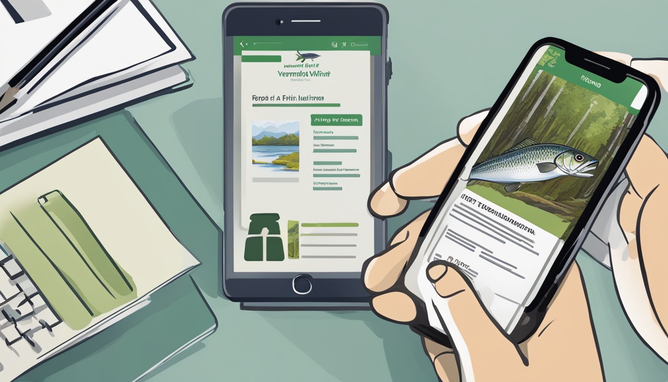 A person holding a phone, with the Vermont Fish and Wildlife Department website open on the screen. The person is reading a step-by-step guide on how to get a hunting license in Vermont