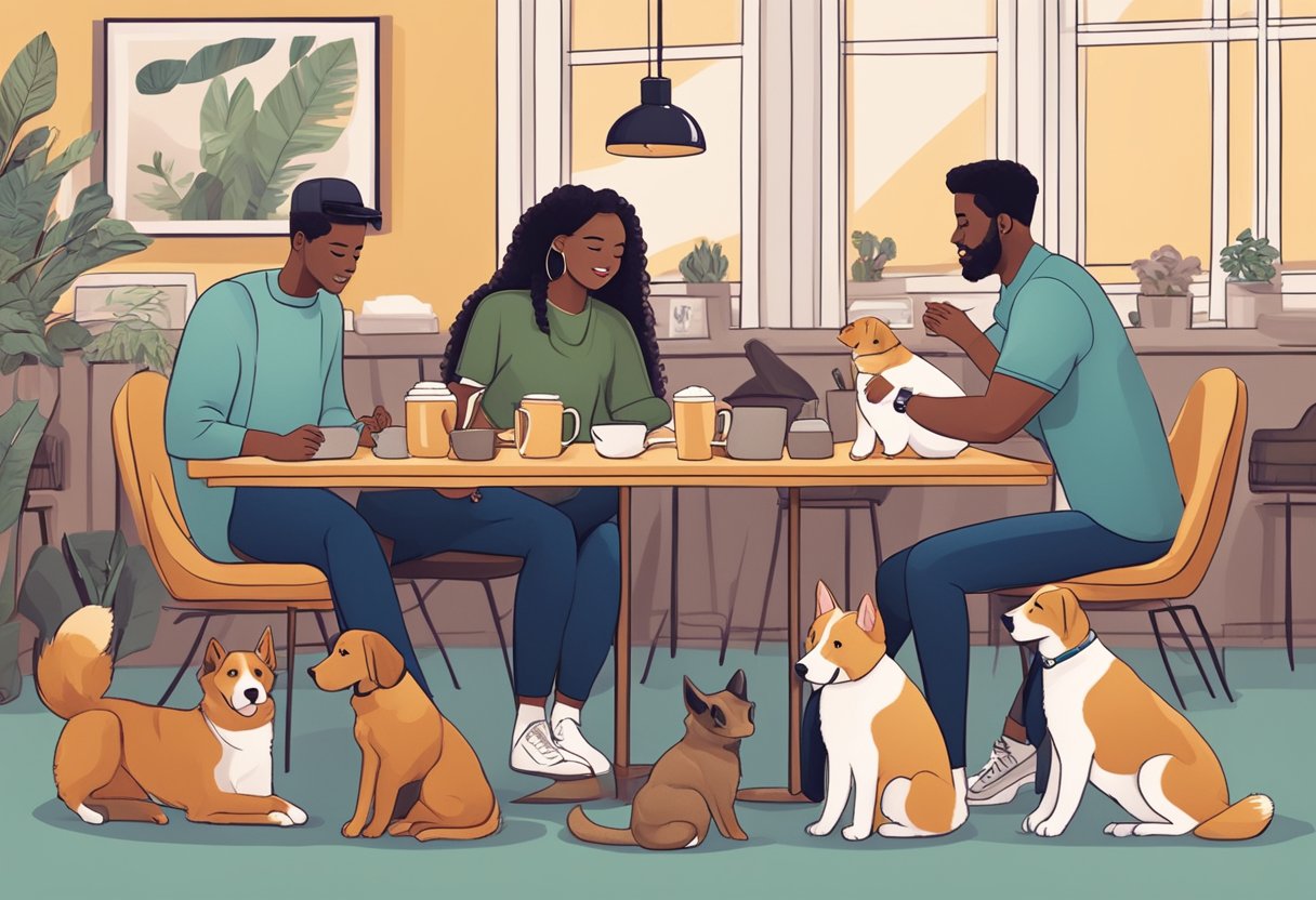 A group of diverse pet business owners gather in a cozy cafe, exchanging ideas and support while surrounded by their beloved furry companions