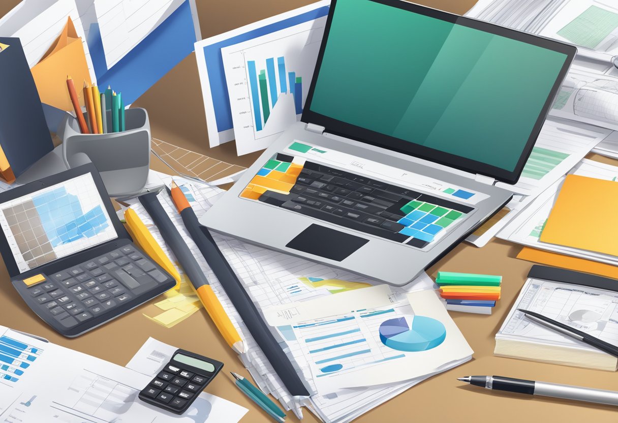 A laptop, calculator, and various office supplies scattered on a desk, with a stack of financial documents and charts