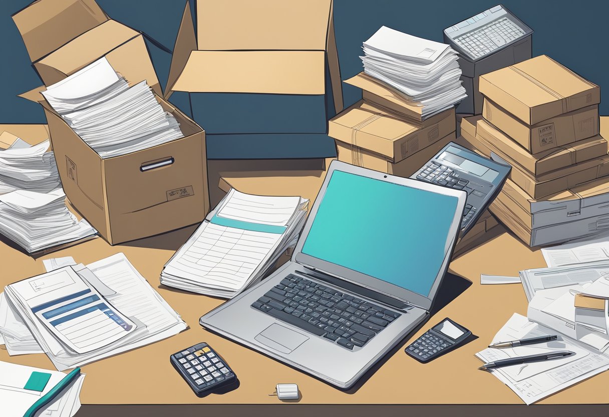 A cluttered desk with a laptop, notepad, and pen. A stack of shipping boxes in the corner. A calculator and financial documents spread out