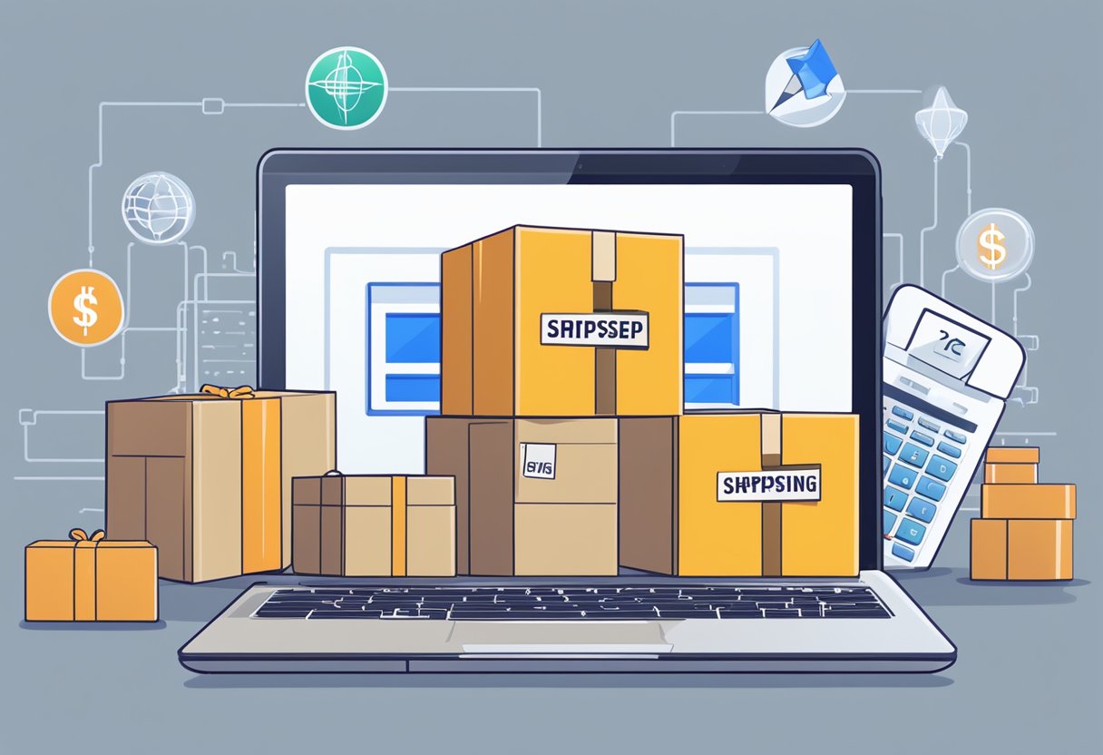 A laptop with a dropshipping store website on the screen, surrounded by shipping boxes and a calculator with a dollar sign