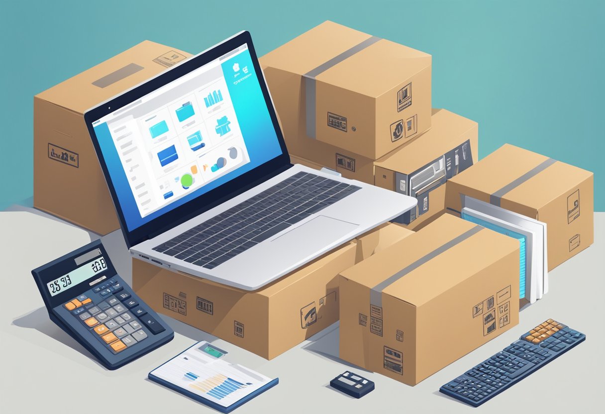 A laptop on a desk with a stack of shipping boxes, a scale, and a calculator, surrounded by various e-commerce and dropshipping related items