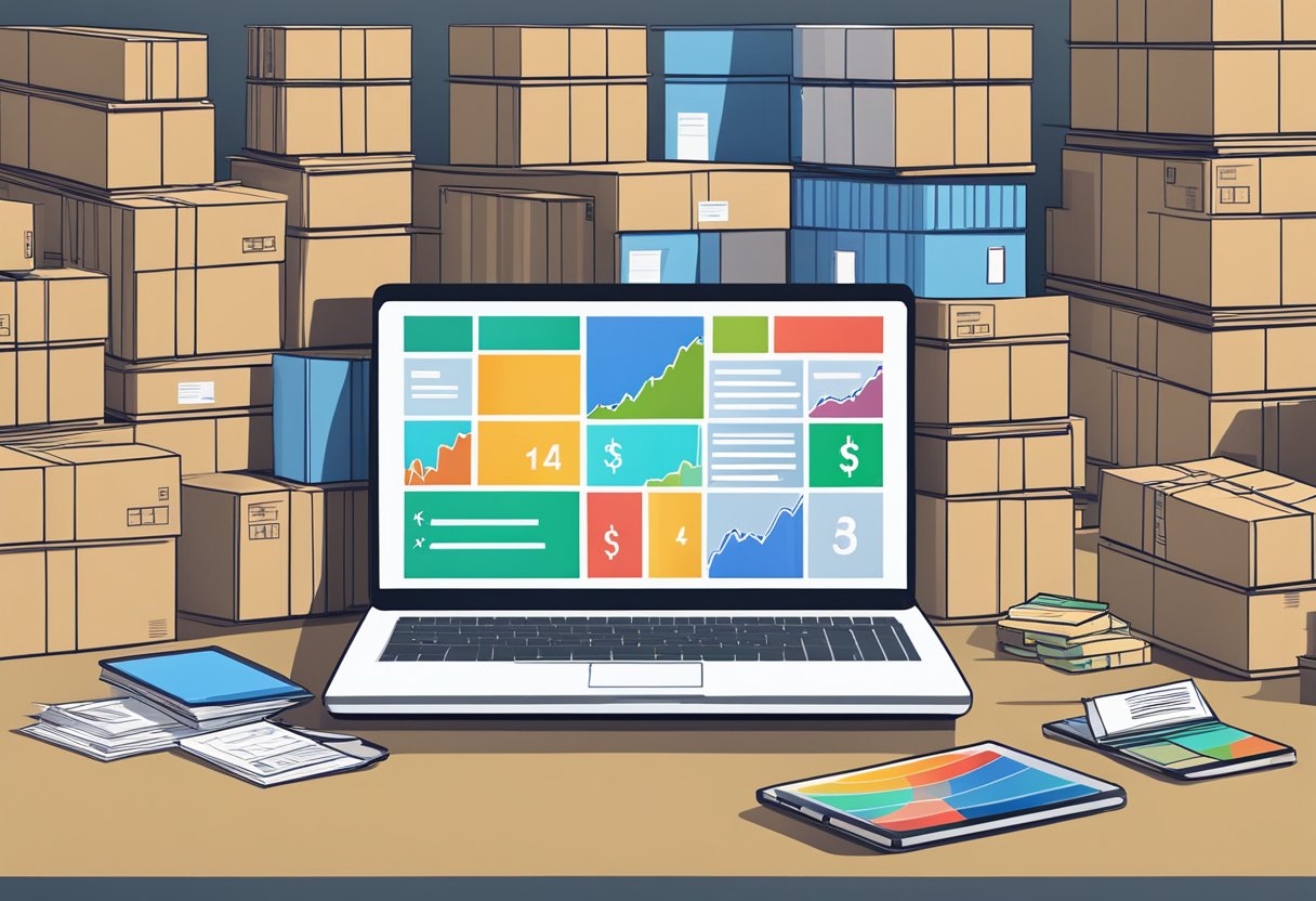 A laptop surrounded by shipping boxes and a stack of product inventory, with a chart showing increasing profits