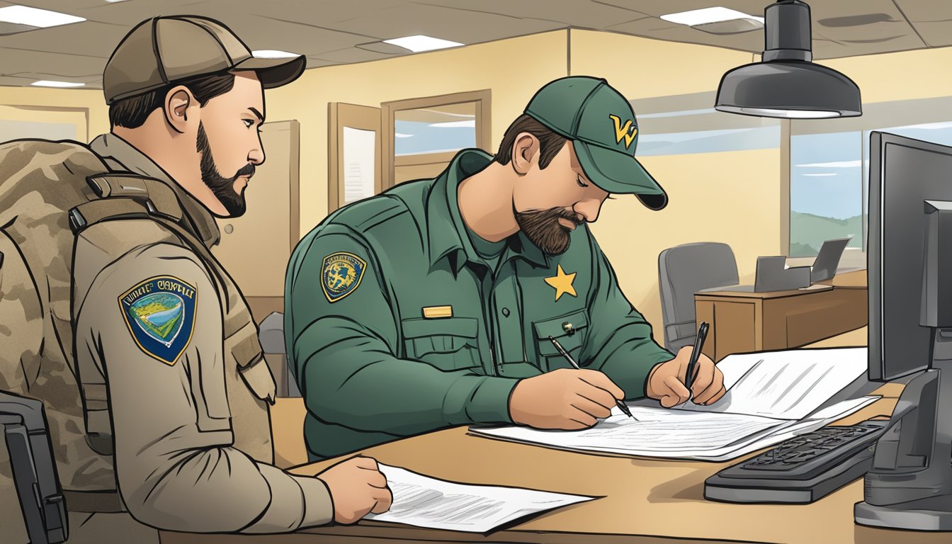 A hunter filling out paperwork at a West Virginia Department of Natural Resources office, with a wildlife officer assisting