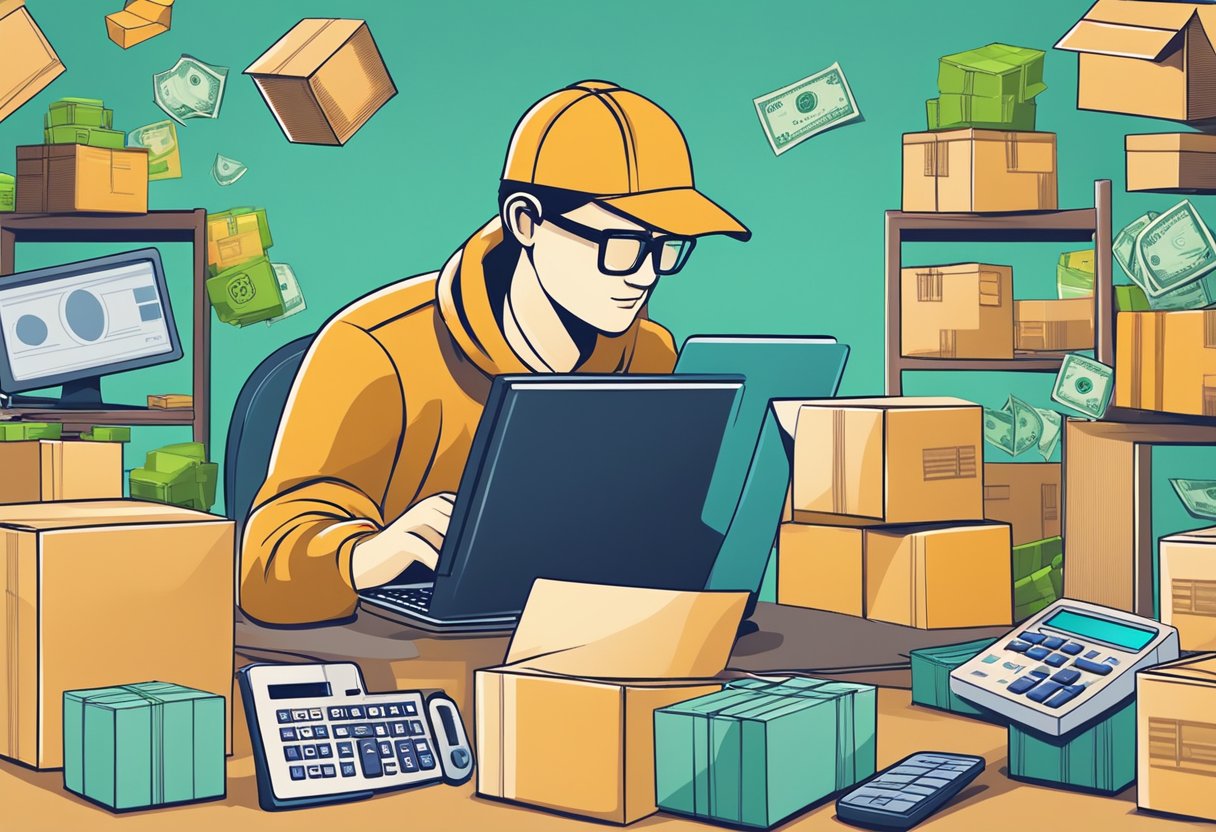 A person at a computer, surrounded by shipping boxes and products, with a calculator and money symbolizing the cost of dropshipping