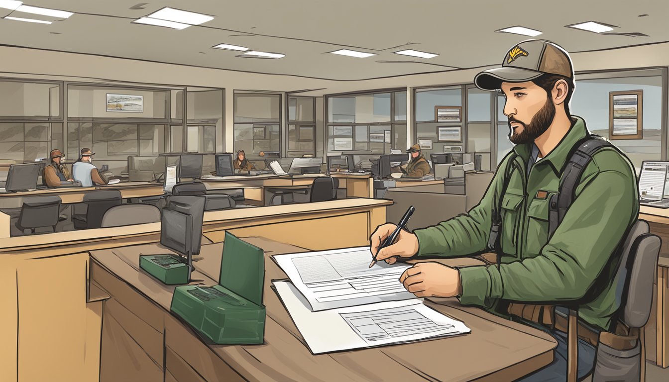 A person filling out a hunting license application at a West Virginia Department of Natural Resources office