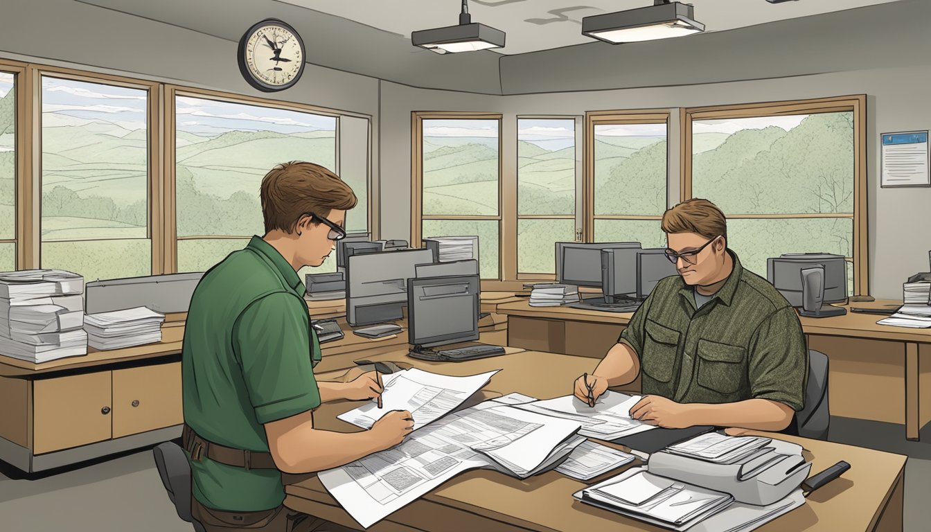 A hunter filling out a hunting license application at a West Virginia Department of Natural Resources office. The clerk assists with the process