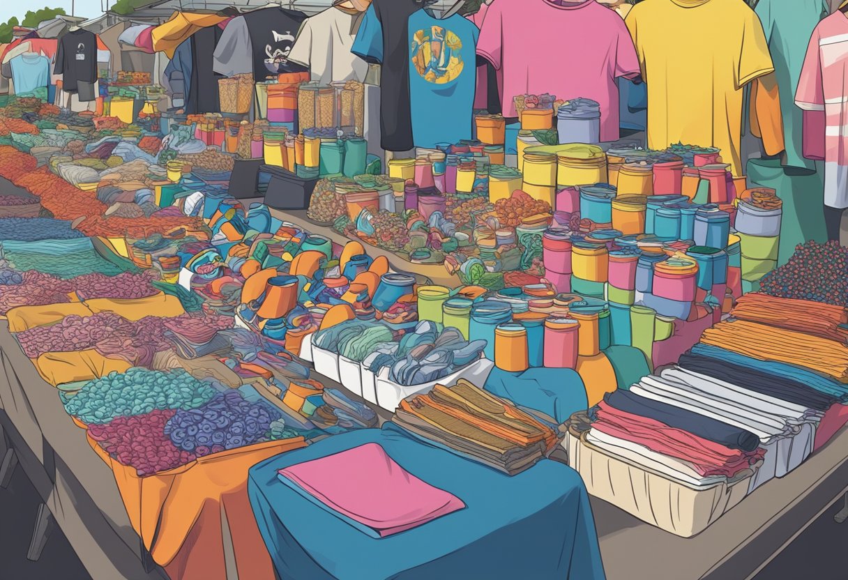 A colorful array of merchandise items, such as t-shirts, mugs, and stickers, arranged on a table at a bustling outdoor market