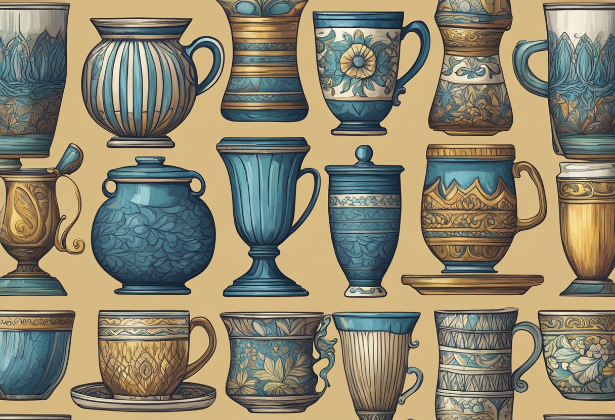 A collection of unique cup designs arranged on a rustic wooden table, with various patterns, shapes, and colors