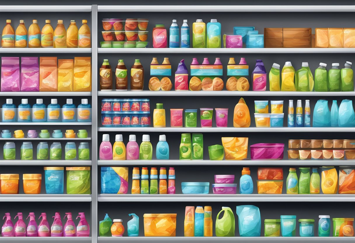 A colorful display of various products arranged on shelves and racks, with attention-grabbing signage and attractive packaging