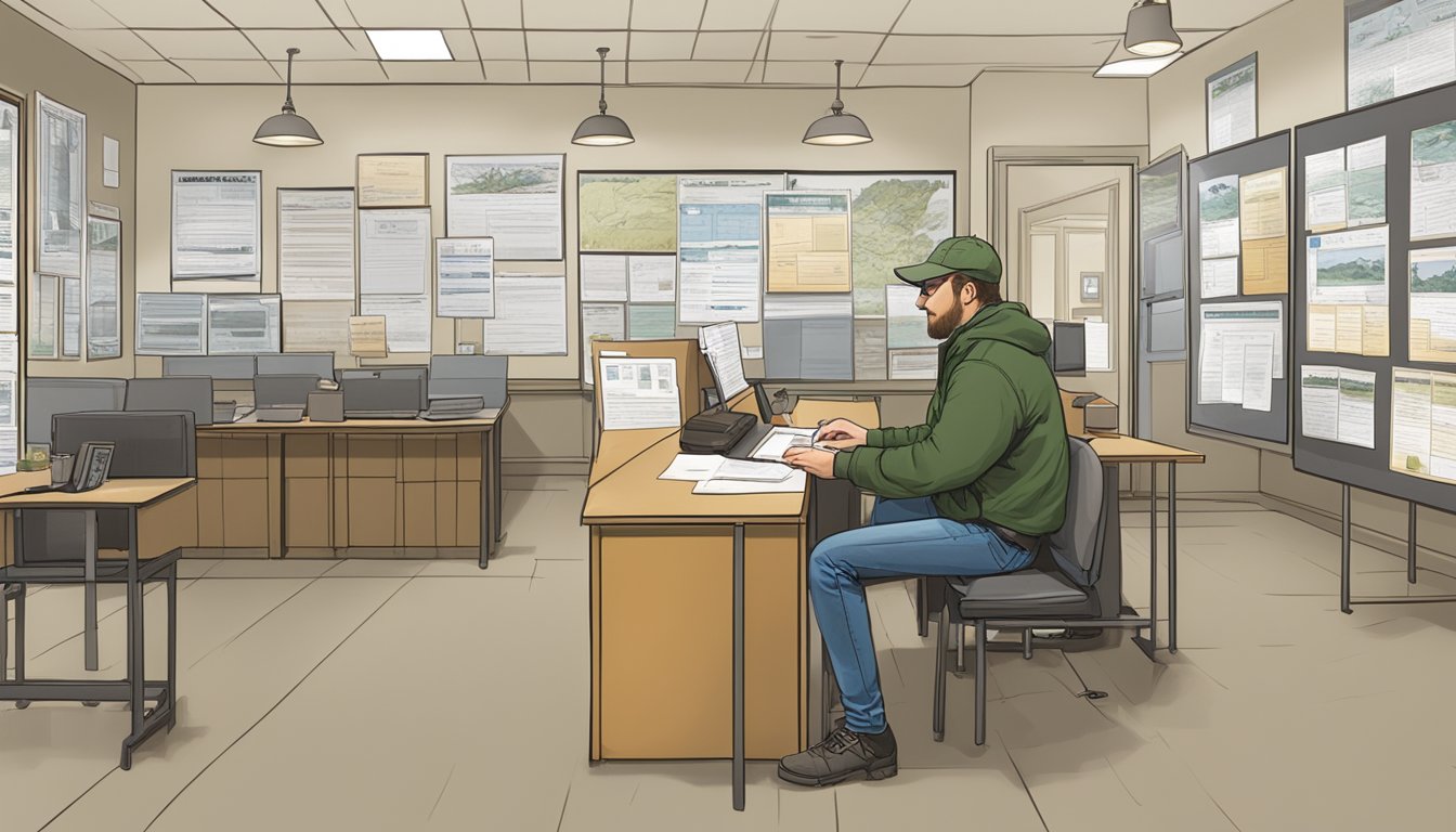 A person filling out a hunting license application at a Wisconsin Department of Natural Resources office, with posters on the wall promoting ethical hunting practices