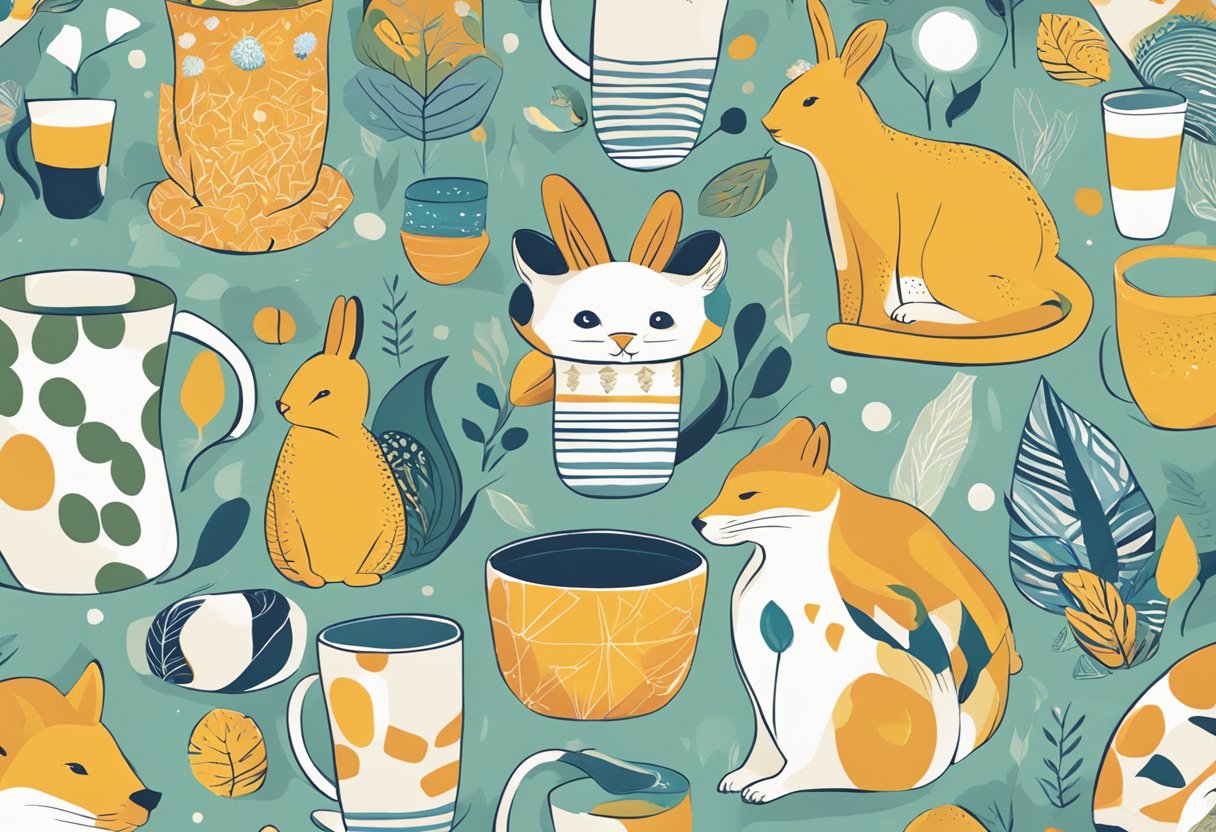 A colorful array of merchandise items, including mugs, t-shirts, and tote bags, featuring playful and eye-catching designs inspired by nature, animals, and geometric patterns