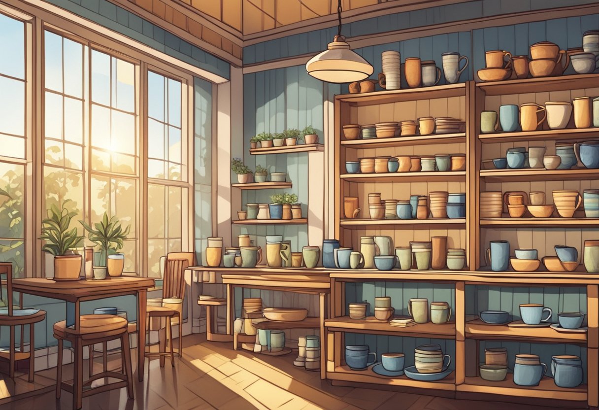 A cozy café with shelves of mismatched mugs, each with unique patterns and colors. Sunlight streams through the window, casting warm shadows on the collection