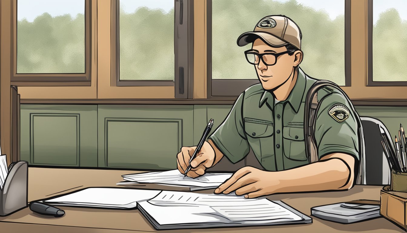 A person filling out a hunting license application at a South Carolina Department of Natural Resources office, with a guidebook and pen on the desk