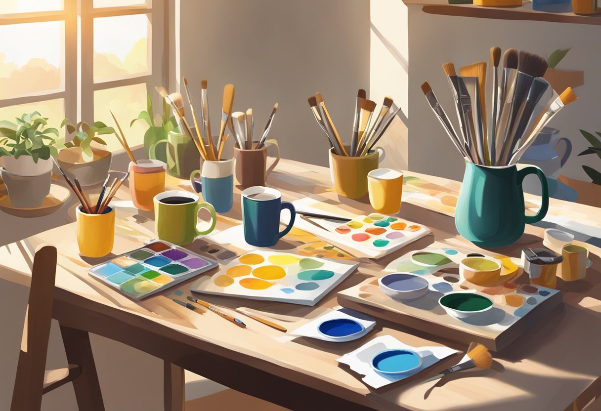 A table with various mug designs, paintbrushes, and paint palettes scattered around. Sunshine streaming in through a nearby window