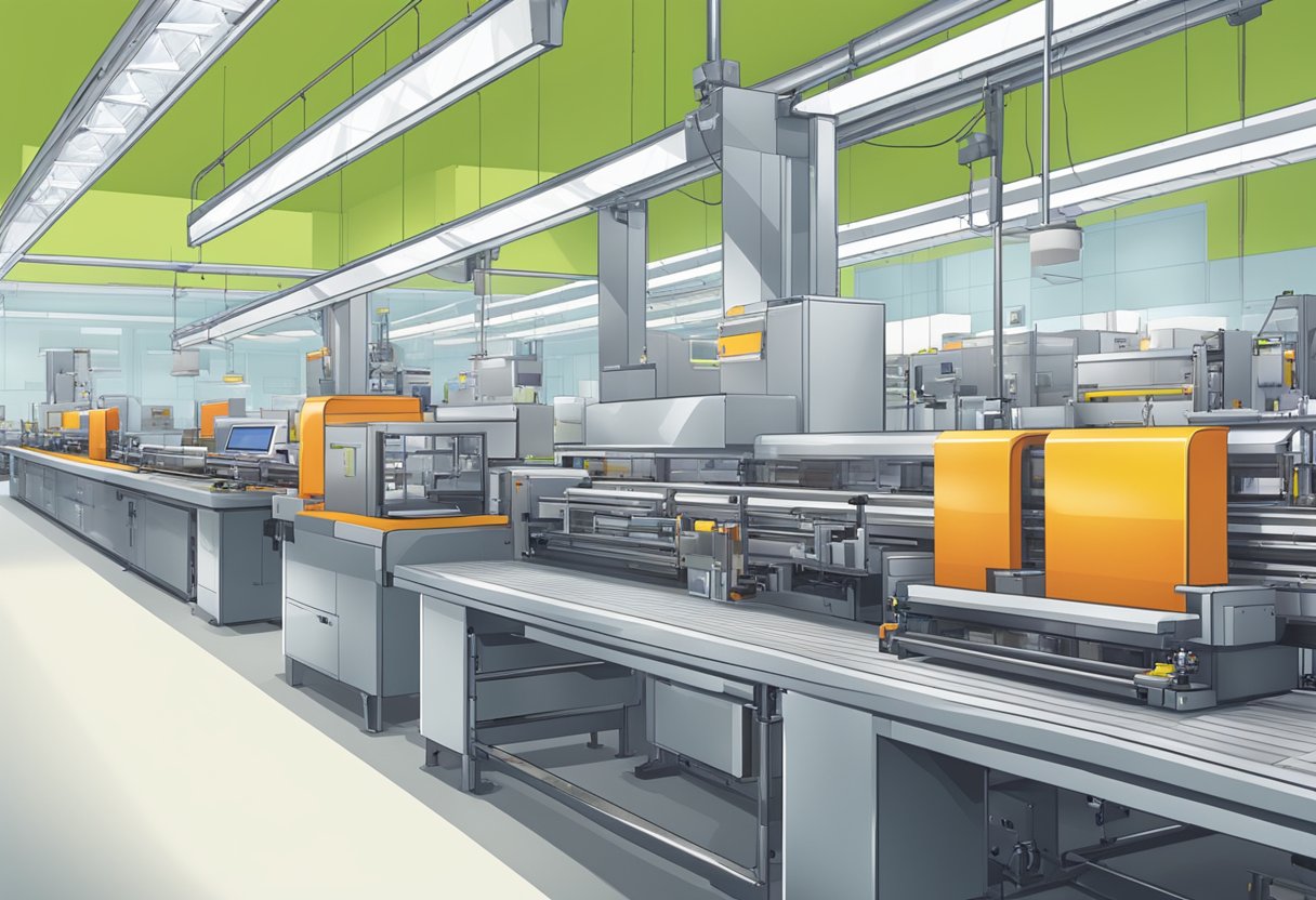 A production line of custom merchandise being printed and packaged in a vibrant, modern factory setting