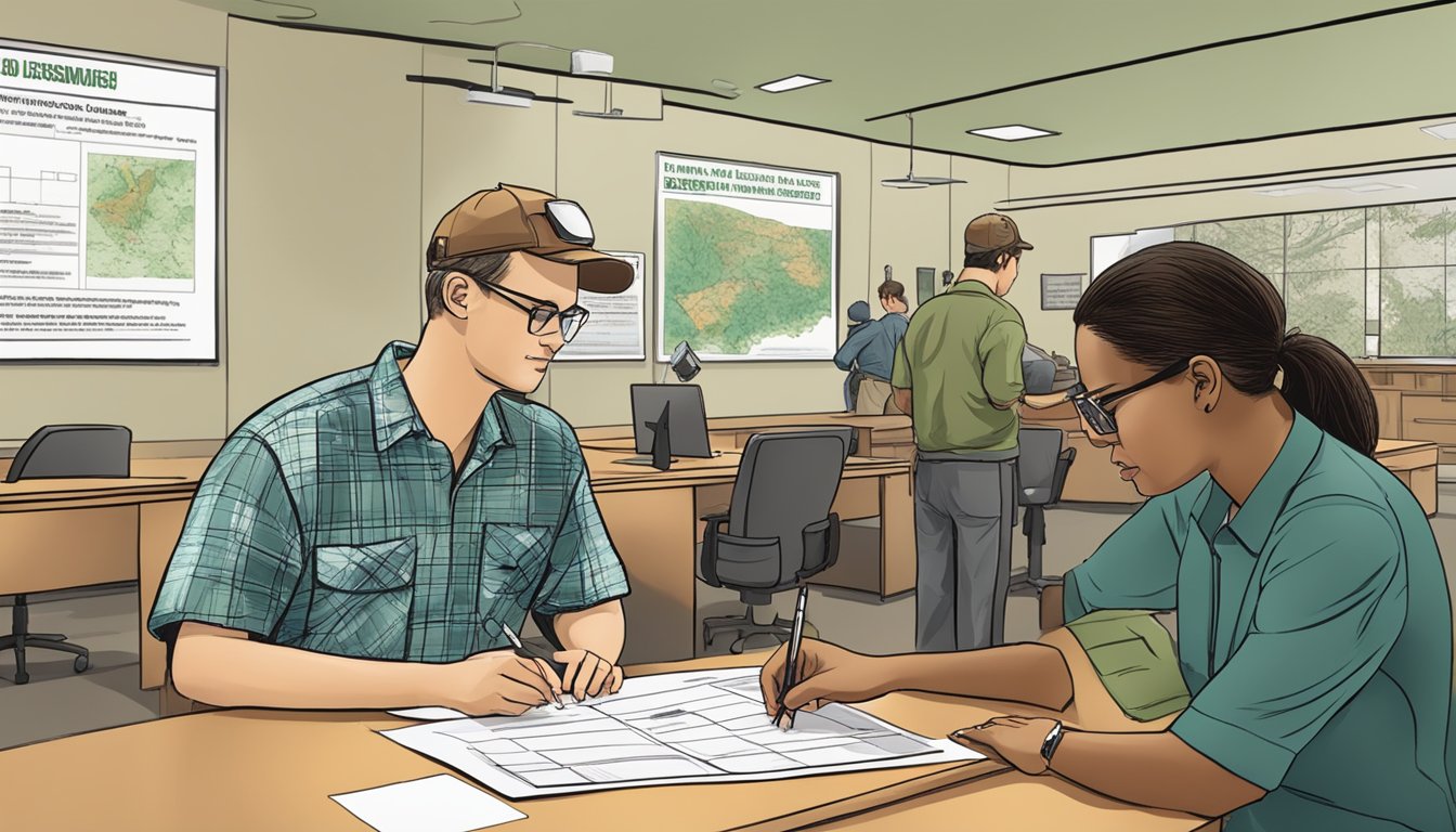 A person filling out a hunting license application at a South Carolina Department of Natural Resources office, with a staff member assisting