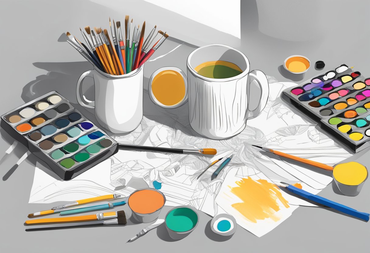 A table with various art supplies scattered around, including paint, brushes, stencils, and markers. A plain white mug sits in the center, ready to be decorated